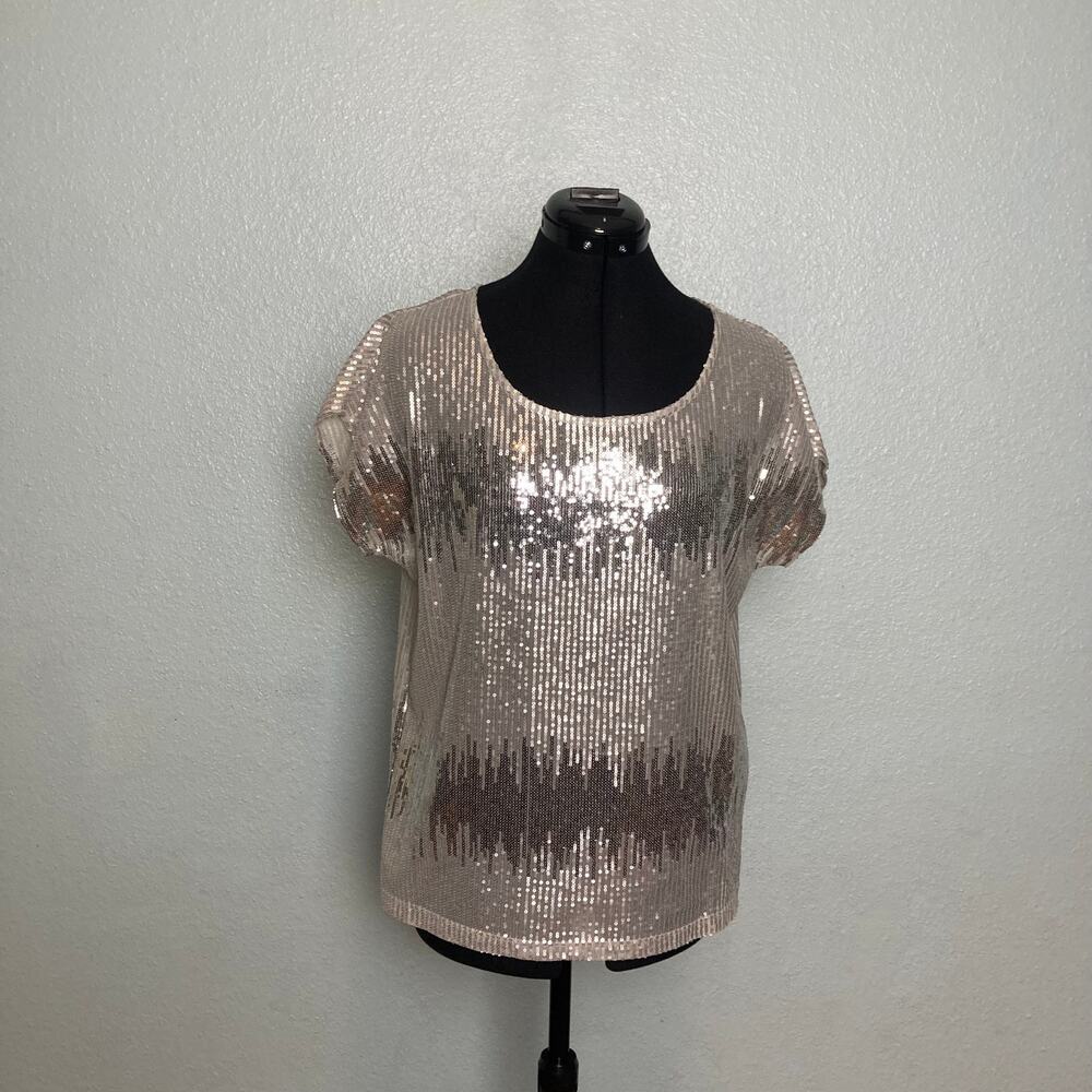 XL INC Allover Silver Sequin Scoop Neck tank top short sleeve blouse S